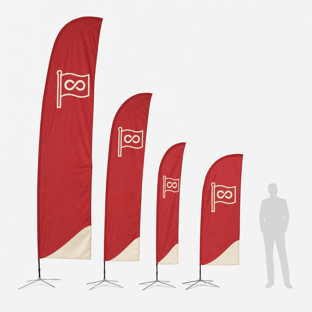 De maten van de Straight beachflag naast elkaar, met een persoon ernaast als vergelijking