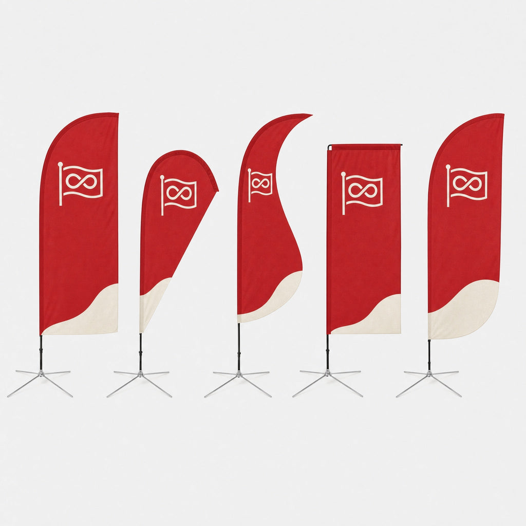 De beachflagvormen naast elkaar: Straight, Druppel, Wave, Rechthoek en Convex, elk op een kruisvoet